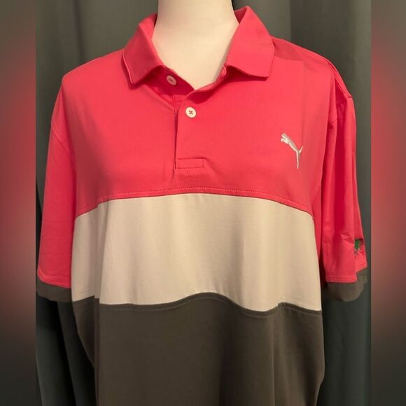 Puma Mens Xl Striped Golf Polo Cloudspun Golf Course Pink White Gray - Picture 1 of 7